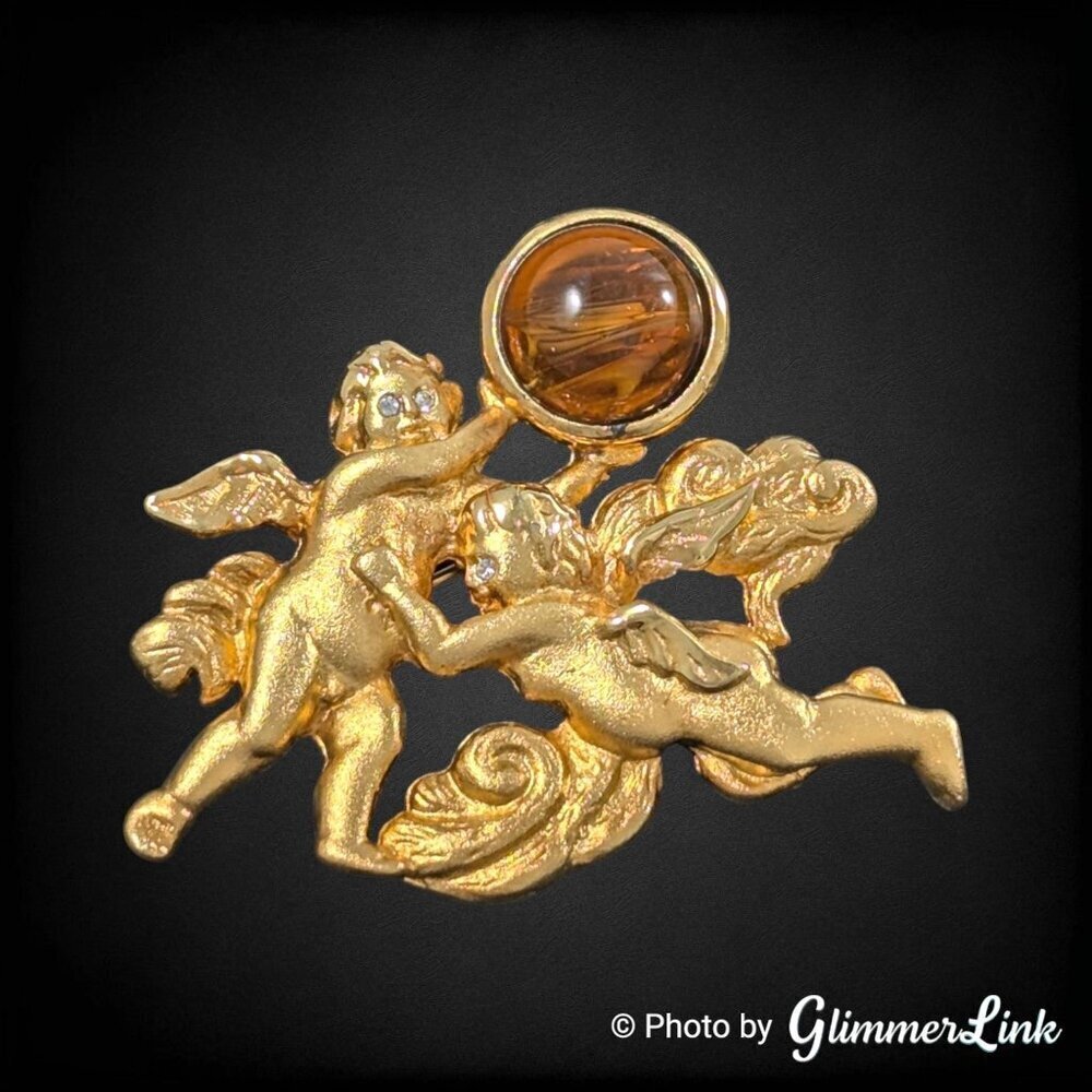 Vintage LS Cherubs Orange Brown Orb Cabochon Gold Tone Brooch Pin